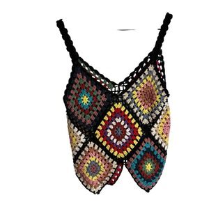 Anthropologie Raga Womens Sweater Small Black Granny Square Tank Boho  New